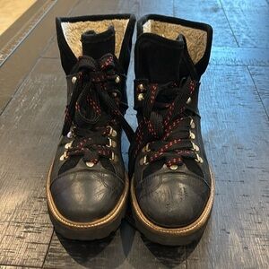 Ganni Black Leather Combat Boots with Red Laces